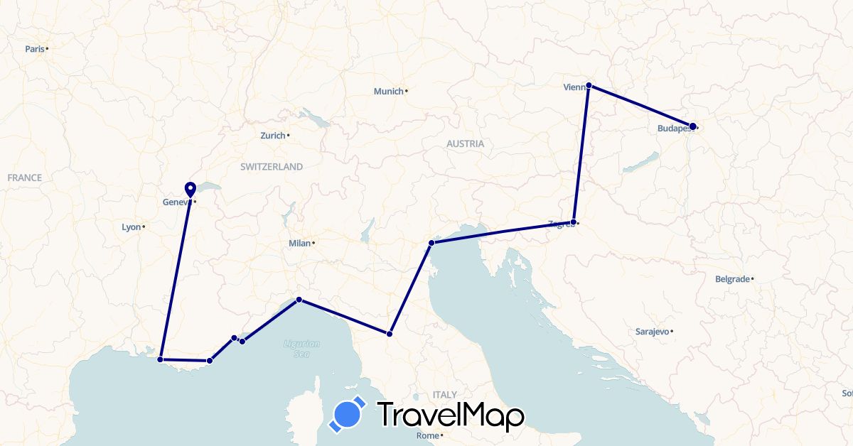 TravelMap itinerary: driving in Austria, Switzerland, France, Croatia, Hungary, Italy, Monaco (Europe)